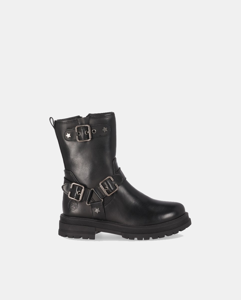 Bota niña biker plana triple hebilla - Chika10 - Negro Negro-1
