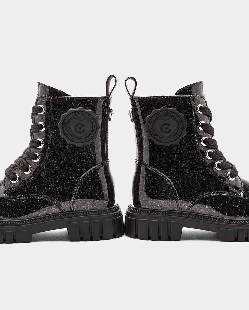 Botas Combat com Glitter Plastificado Preto-3