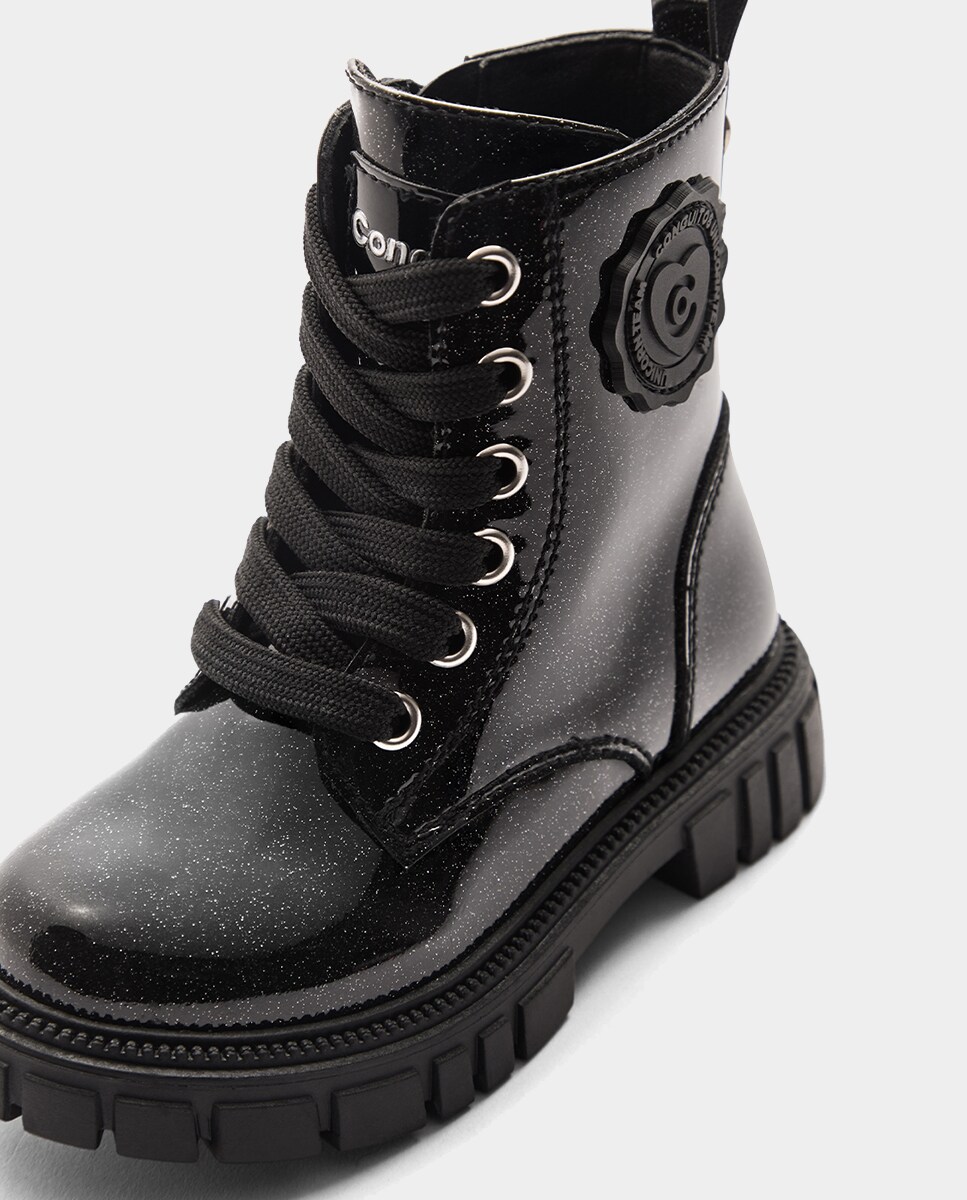 Botas Combat com Glitter Plastificado Preto-4