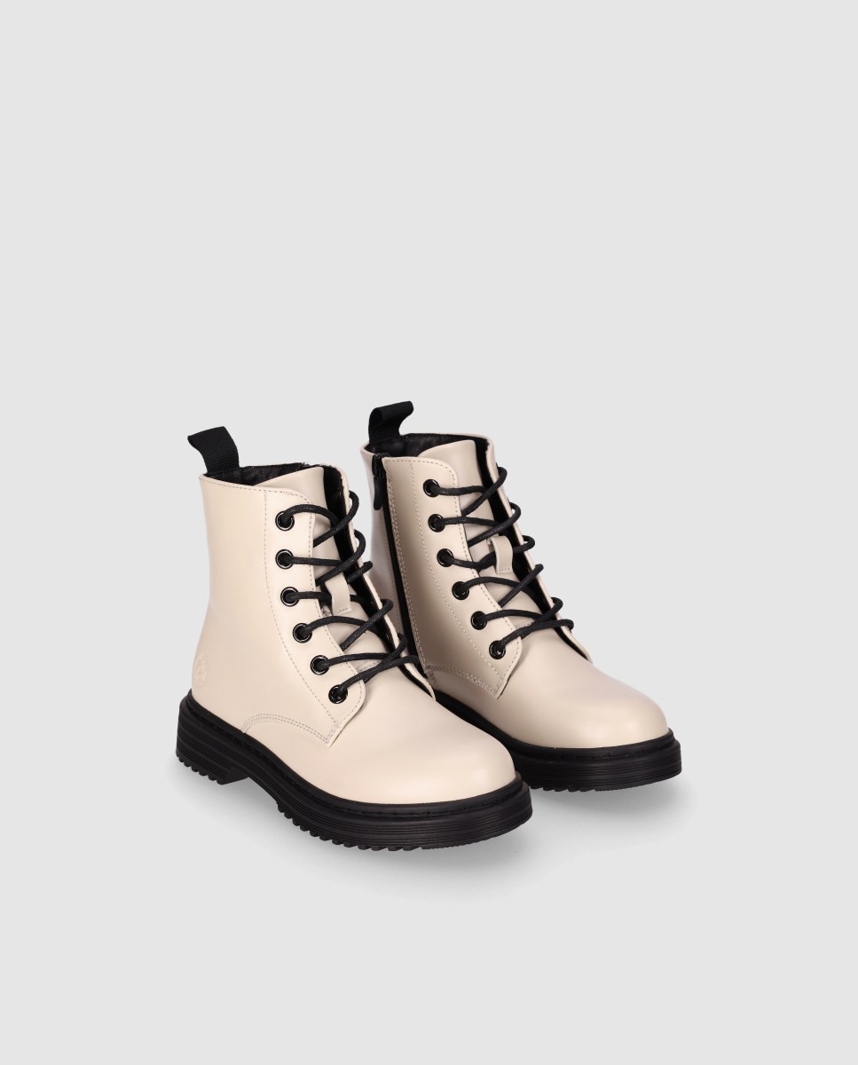 Botins de Estilo Militar de Criança em Pele Vegana com Atacadores e Fecho de Correr Lateral Chika10 Natural-2