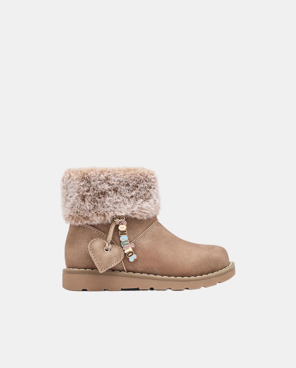 Botas de niña con pelo y adorno corazón colgante beige - Conguitos - Cuero Cuero-1