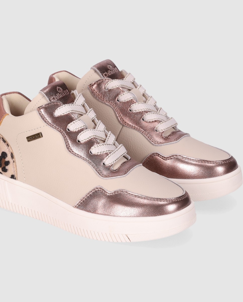 Zapatilla de cordones de piel con cordones y detalles de animalprint - Chika10 Kids - Natural Natural-5