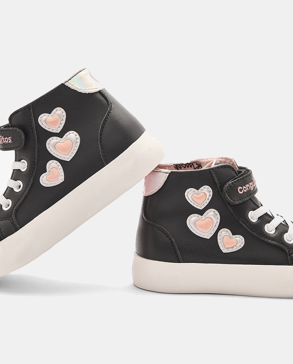 Sapatilhas Tipo Bota em PU com Corações Preto-3