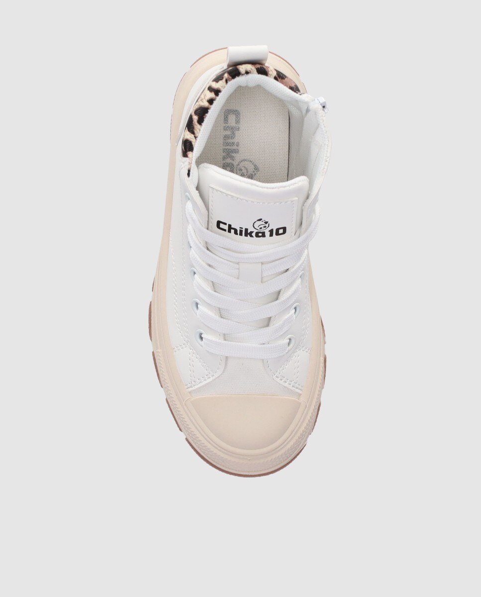 Sapatilhas Altas Infantis com Detalhes de Animal Print e Atacadores Chika10 Branco-4
