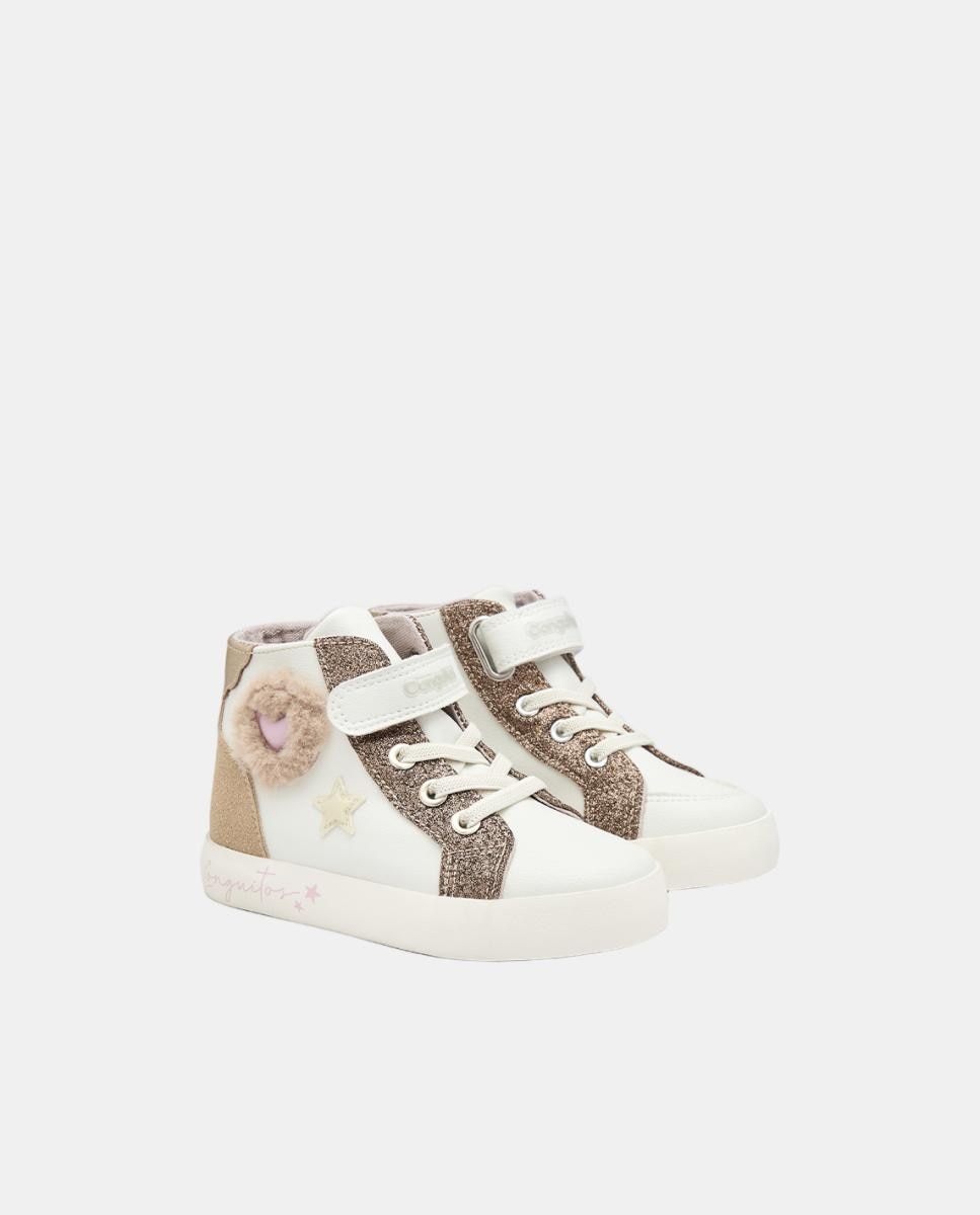 Sapatilhas Altas com Adorno de Pelo - Branco Conguitos Branco Osso-4