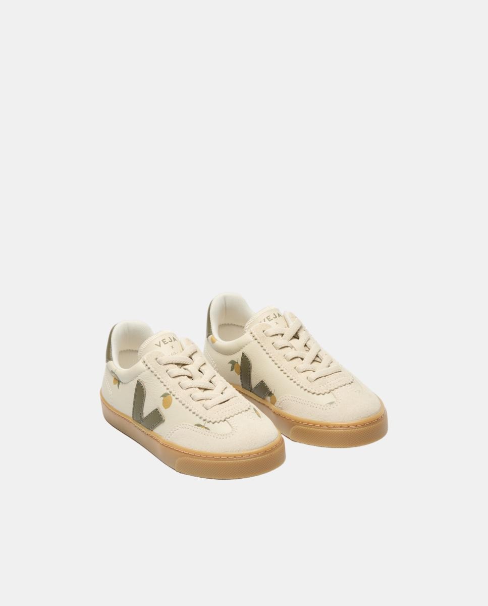 Sapatilhas infantis modelo small volley em pele com atacadores elásticos Branco-marfim-3