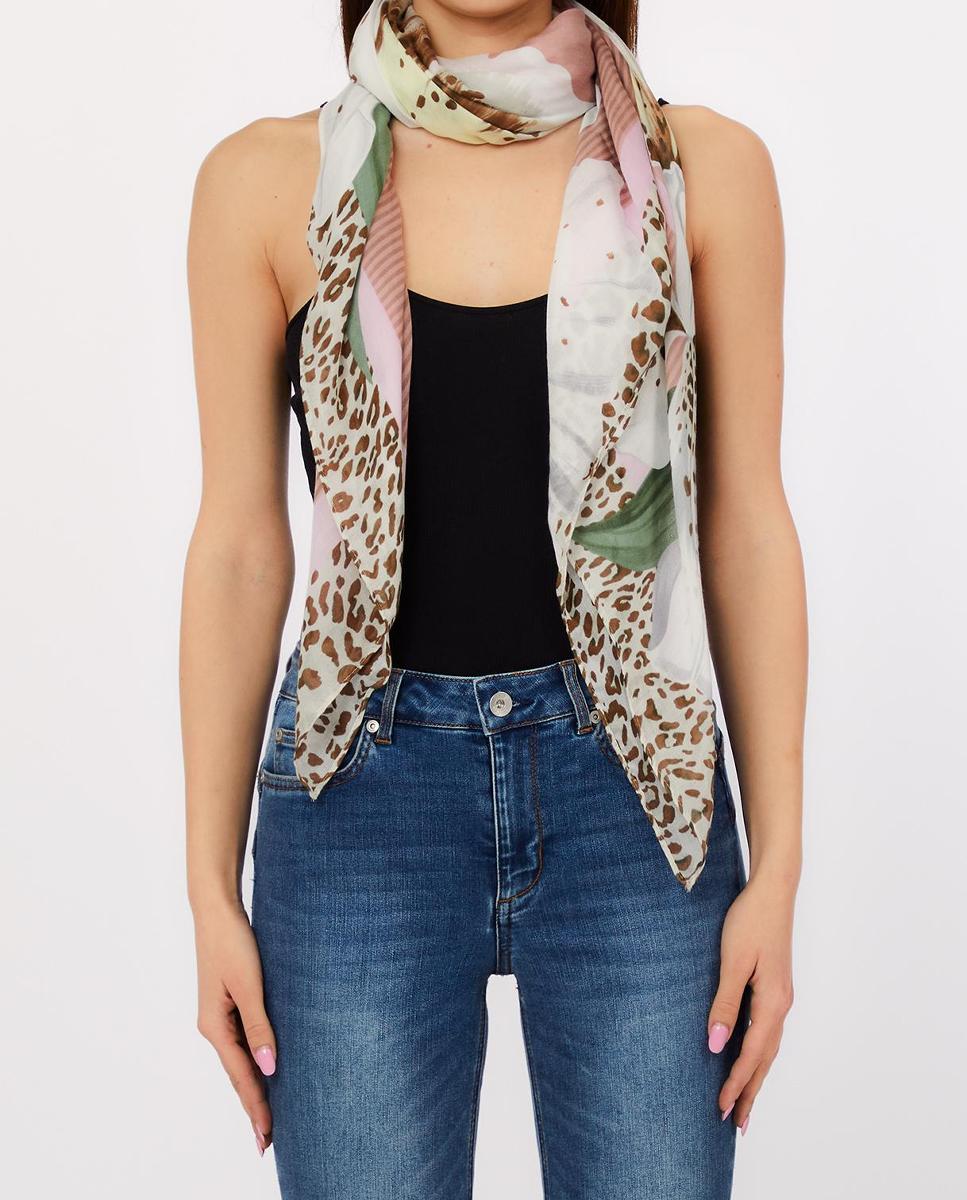 Écharpe com Detalhe de Flores Grandes e Animal Print Rosa-2