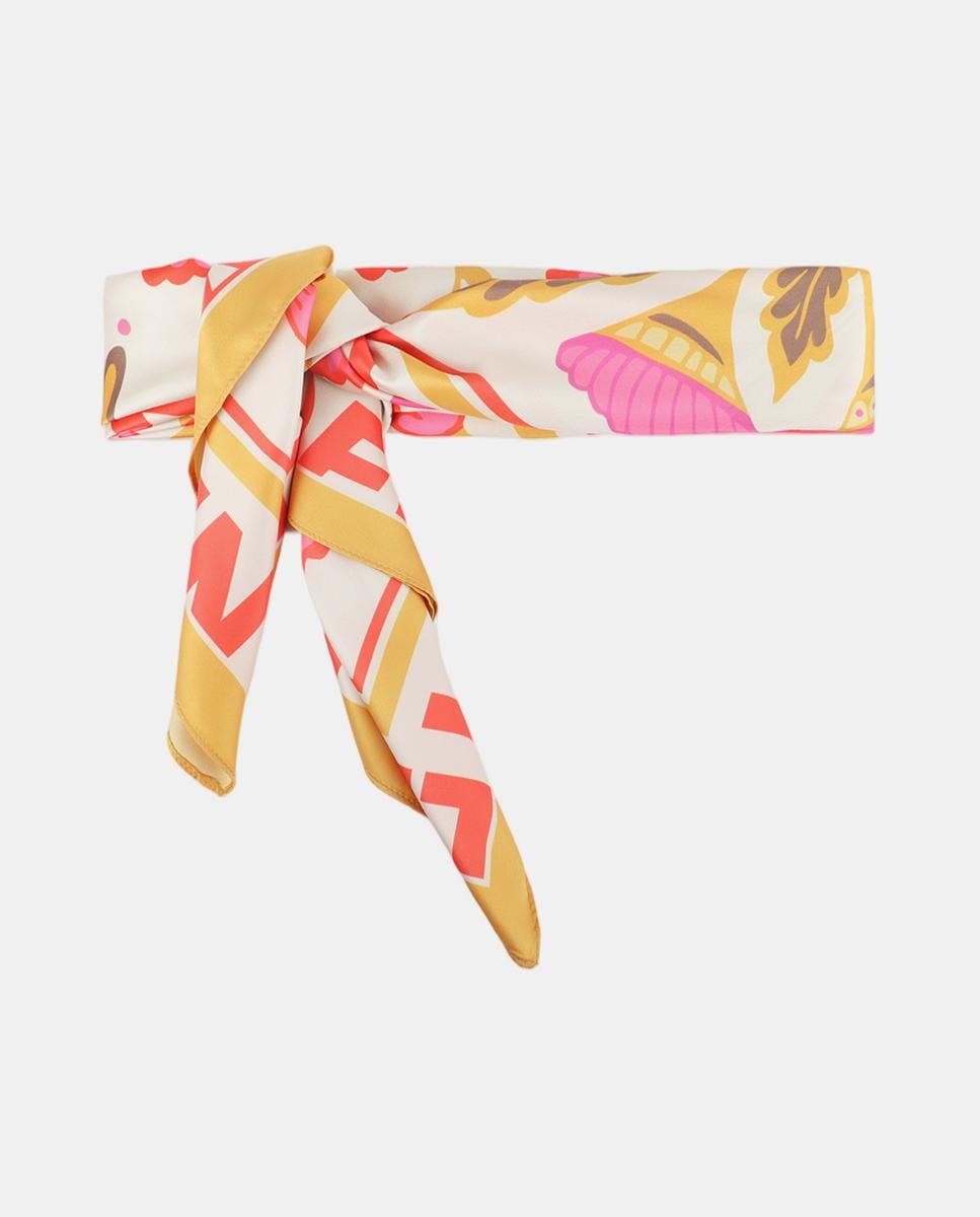 Lenço Acetinado com Motivos Florais Amarelo-7