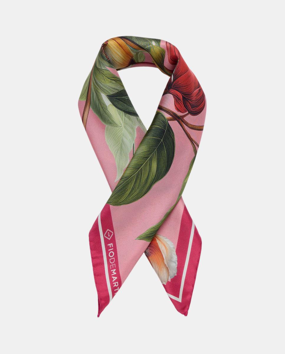 Bandana de Seda com Estampado Floral Multicolor - Rosa/Fúcsia Predominantes Rosa-2
