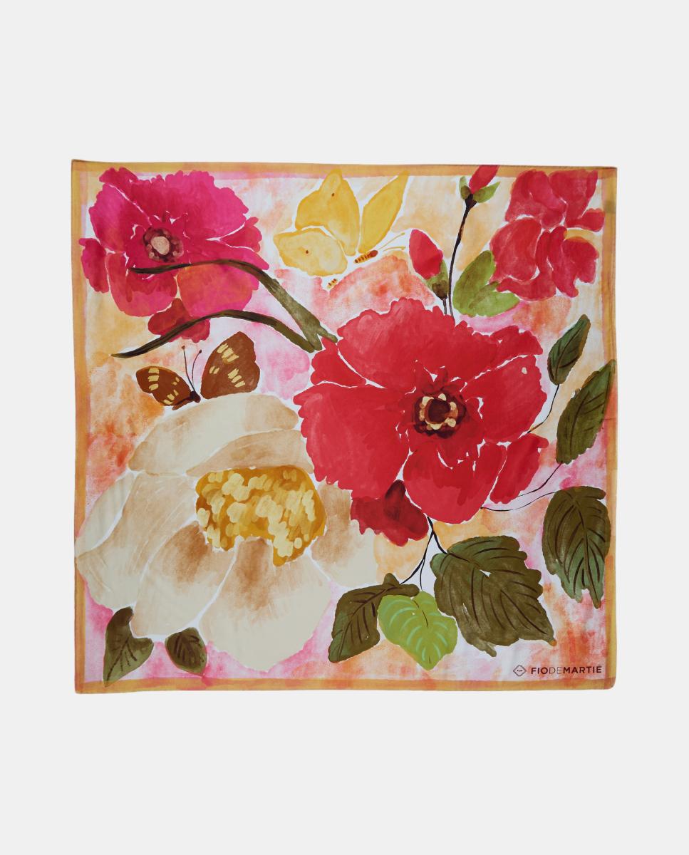Imagem 0 de Lenço de Seda com Estampado Floral Multicolor, 90x90 cm - Vermelho/Branco/Laranja