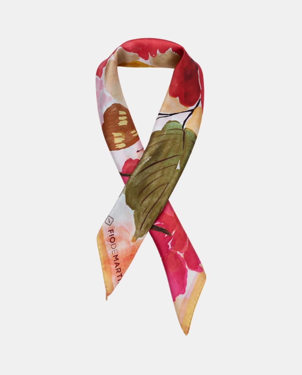 Lenço de Seda com Estampado Floral Multicolor, 90x90 cm - Vermelho/Branco/Laranja Laranja-2