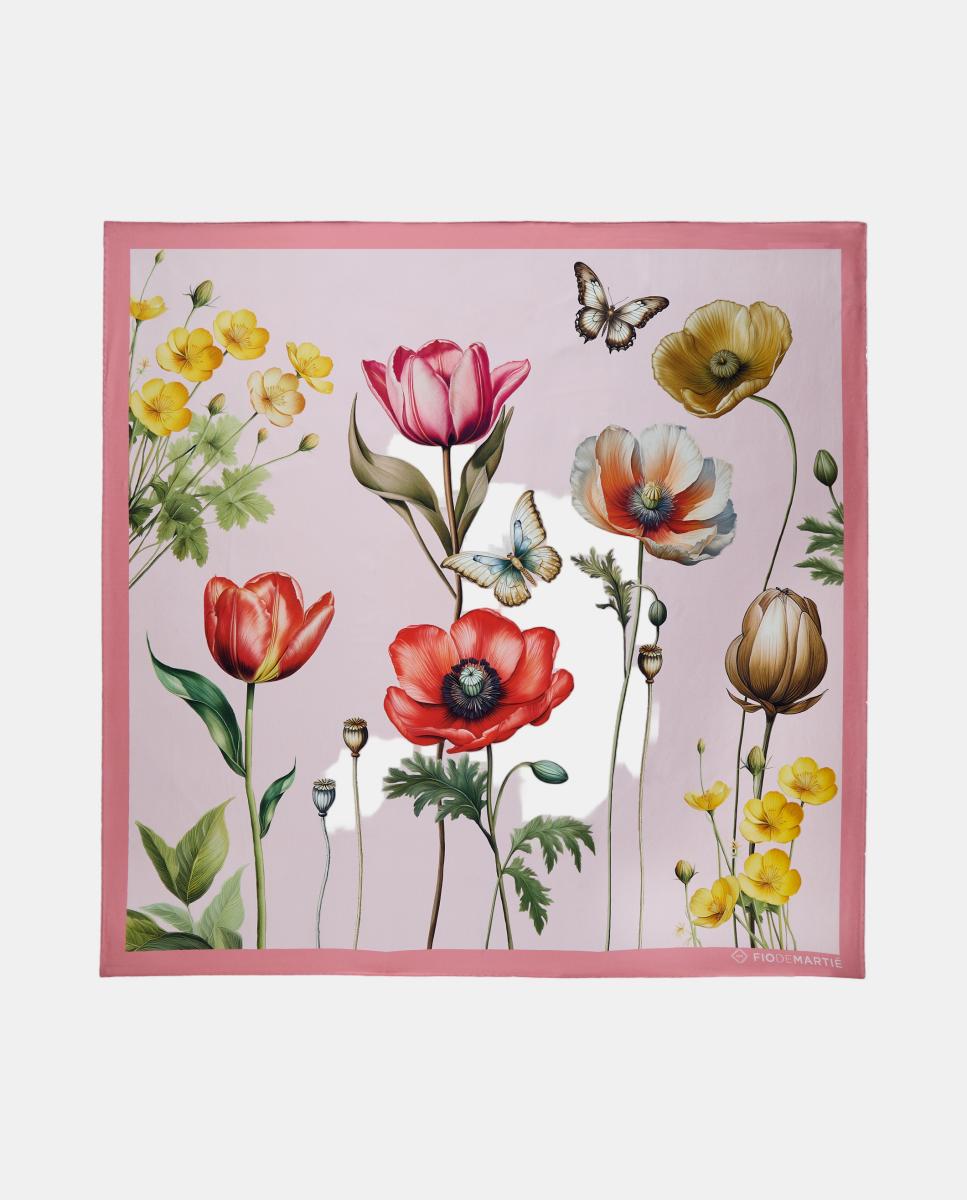 Imagem 0 de Lenço de Seda com Estampado Floral - Fundo Claro/Rebordo Rosa