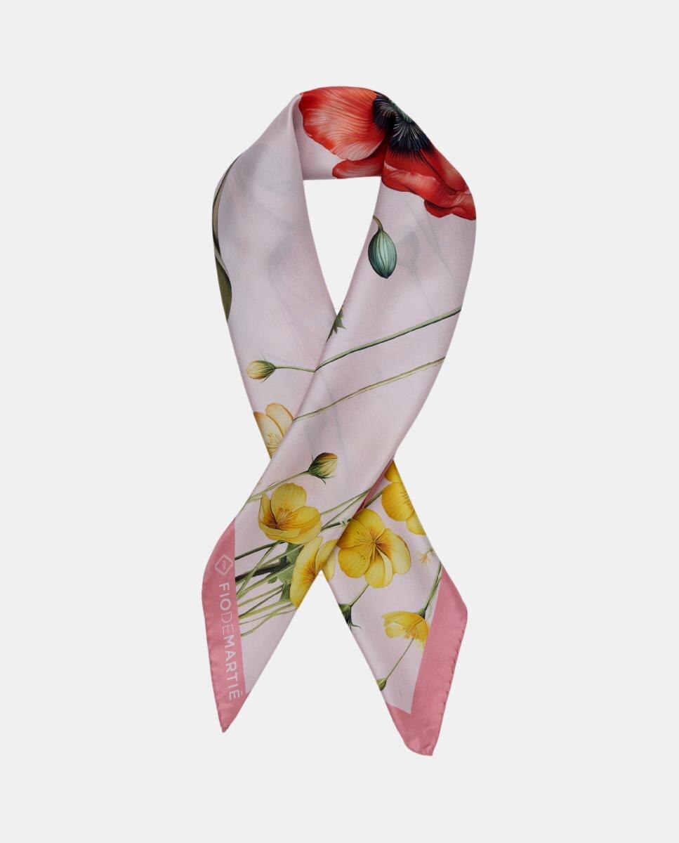 Lenço de Seda com Estampado Floral - Fundo Claro/Rebordo Rosa Branco-2