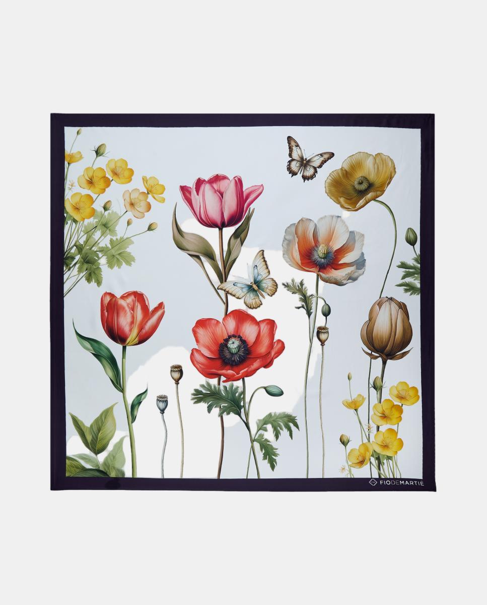 Imagem 0 de Lenço de Seda com Estampado Floral e Borboletas - Branco/Azul-Marinho