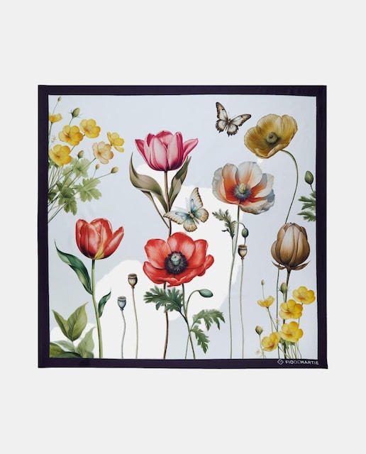 Imagem 0 de Lenço de Seda com Estampado Floral e Borboletas - Branco/Azul-Marinho