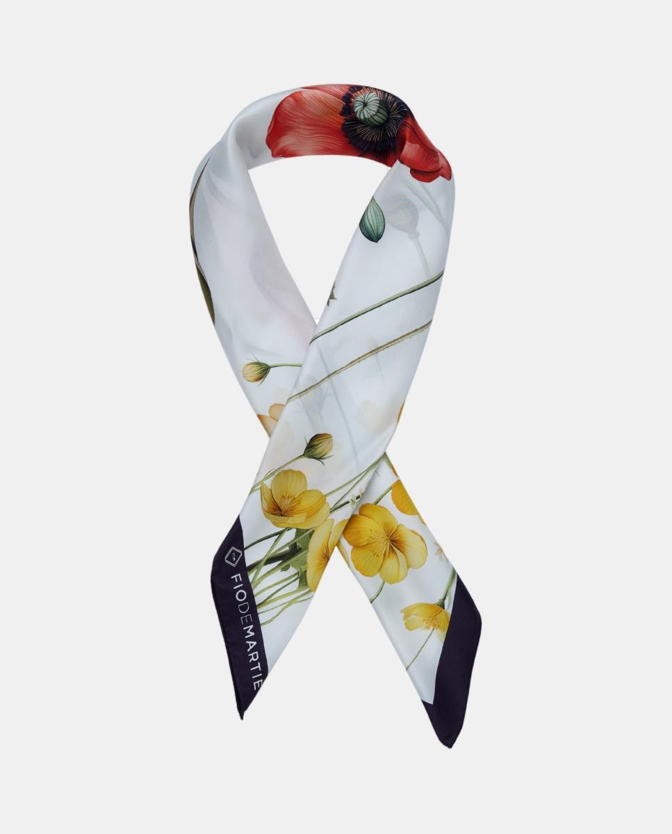 Lenço de Seda com Estampado Floral e Borboletas - Branco/Azul-Marinho Branco-2