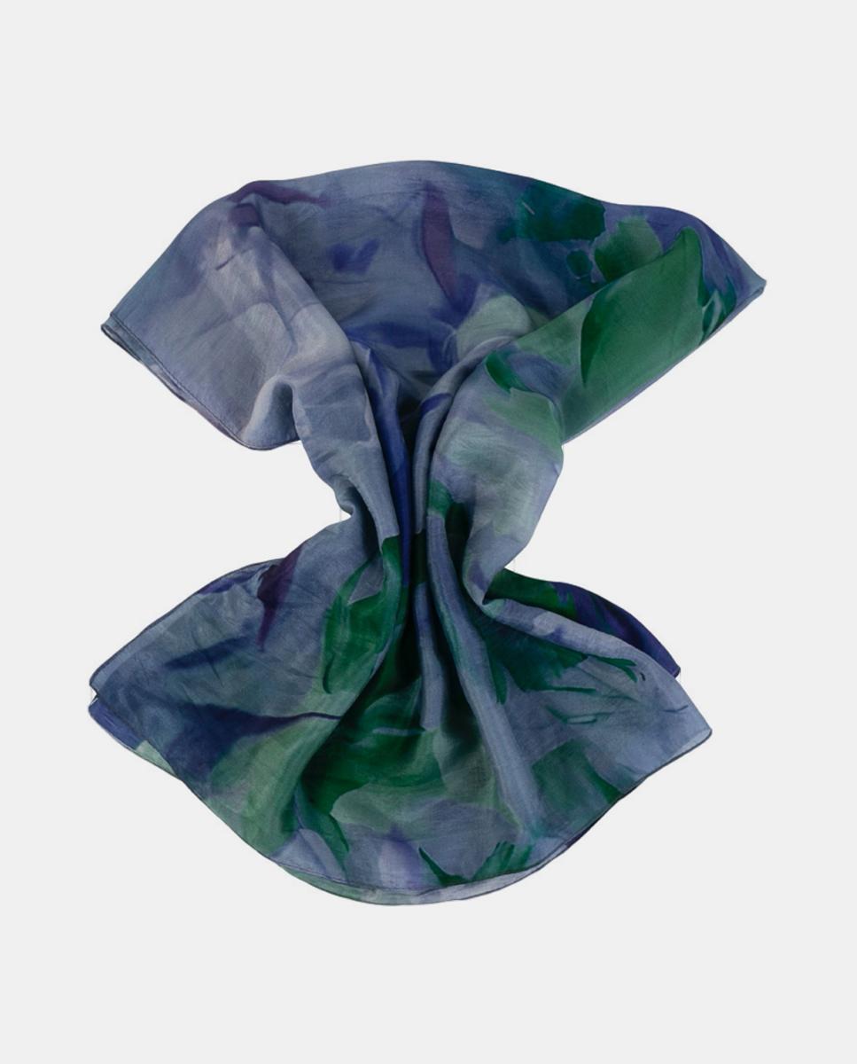 Lenço Quadrado de Seda com Estampado Floral Azul-2