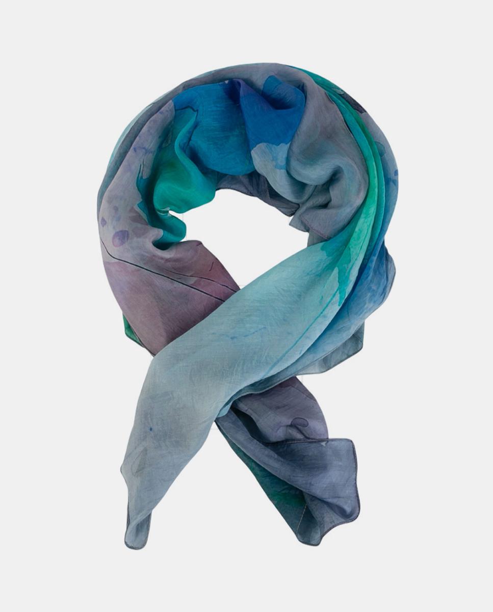 Lenço Quadrado de Seda com Estampado Floral Azul-4