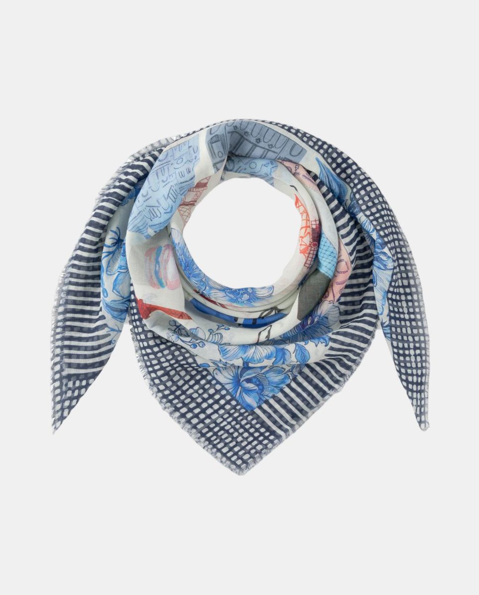Cachecol Ligeiro de Algodão com Motivos Parisienses Azul-2