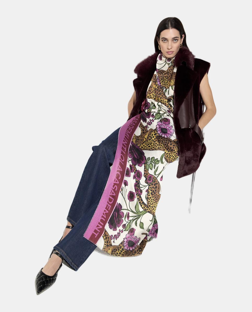 Écharpe com Estampado Floral e de Tigres Multicolor-5