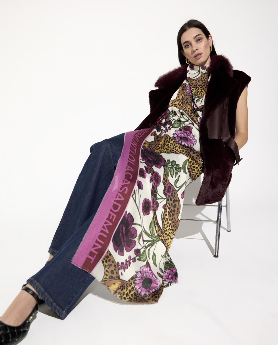 Écharpe com Estampado Floral e de Tigres Multicolor-6
