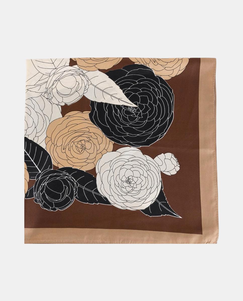 Imagem 0 de Lenço Quadrado de Poliéster Sedoso com Estampado Floral e Rebordo Decorativo em Contraste