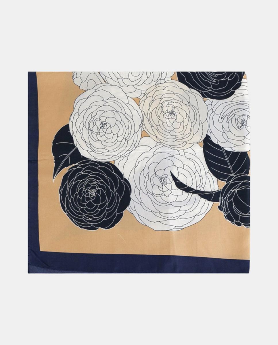 Imagem 0 de Lenço Quadrado de Poliéster Sedoso com Estampado Floral e Rebordo Decorativo em Contraste