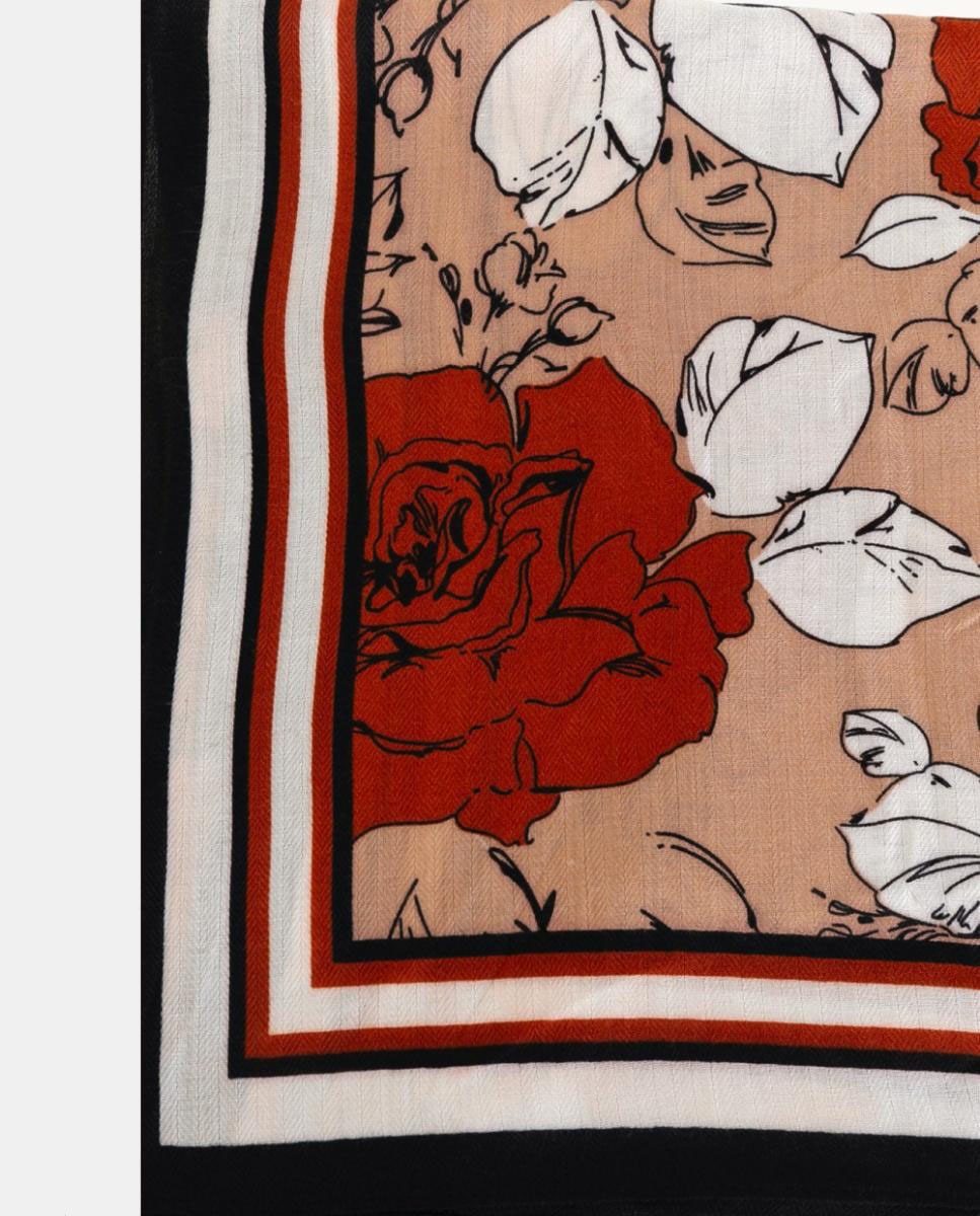 Lenço Quadrado em Poliéster Suave com Estampado Floral e Rebordo às Riscas Castanho-claro-2