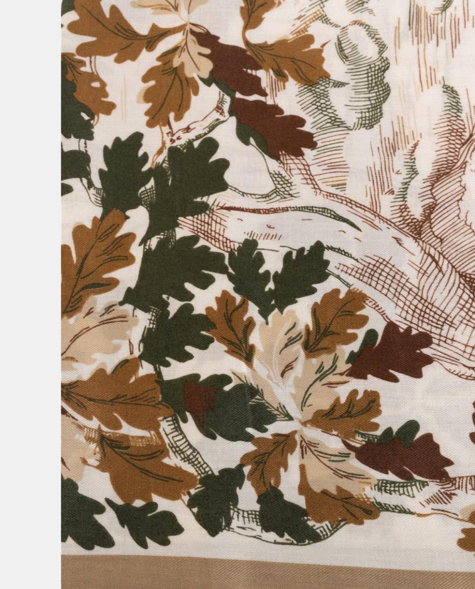 Lenço Quadrado em Poliéster Suave com Motivo Botânico e Rebordo Decorativo em Contraste Verde-militar-2