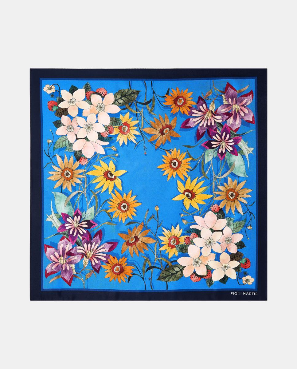 Imagen 0 de Pañuelo de seda 70x70cm azul flores multicolor Azul Océano