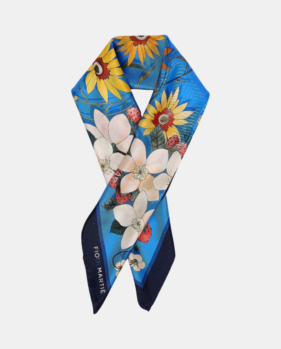 Pañuelo de seda 70x70cm azul flores multicolor - Fio de Martié - Azul Océano Azul Océano-2