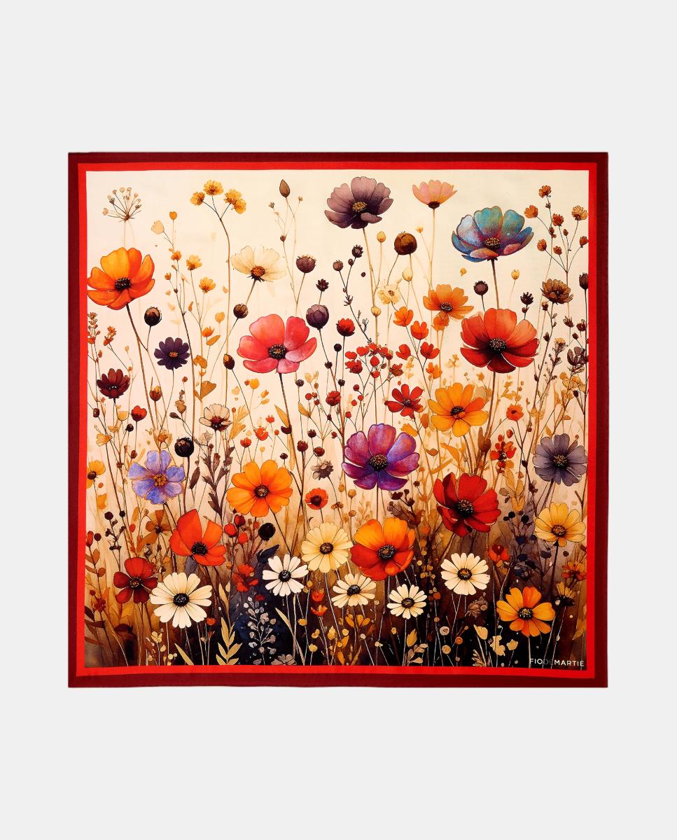 Imagen 0 de Pañuelo de seda 70x70cm flores campestres rojizas Rojo