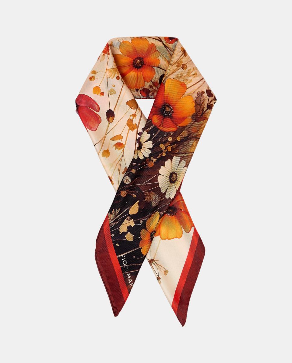 Pañuelo de seda 70x70cm flores campestres rojizas - Fio de Martié - Rojo Rojo-2