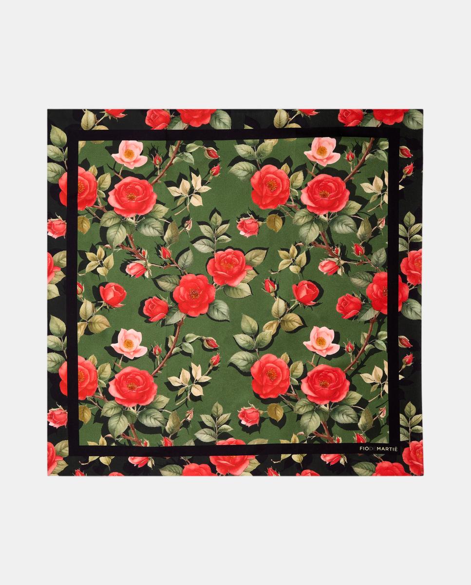 Imagen 0 de Pañuelo de seda 70x70cm flores verde y rojo Verde