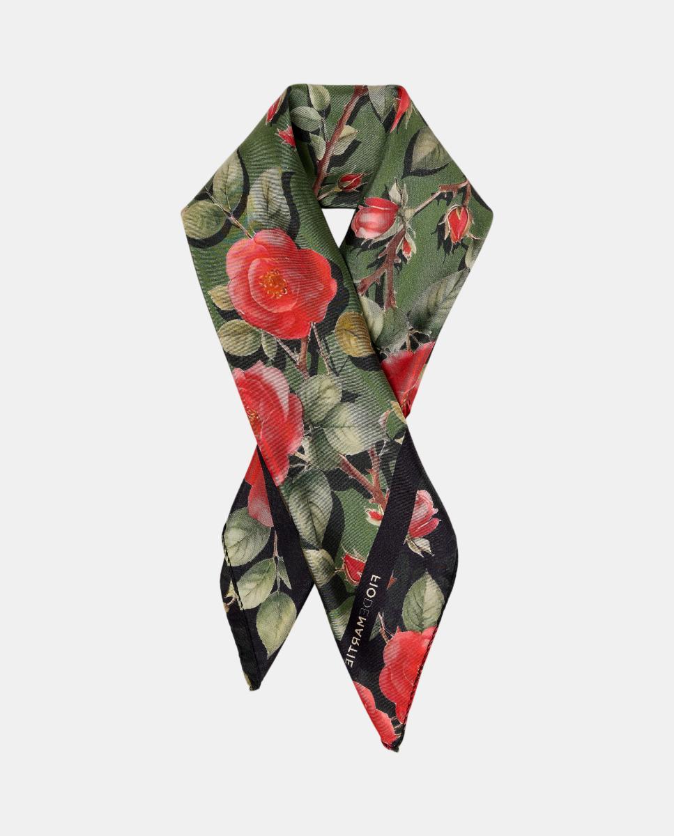 Pañuelo de seda 70x70cm flores verde y rojo - Fio de Martié - Verde Verde-2