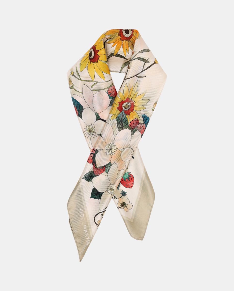 Pañuelo de seda 70x70cm estampado floral beige con flor multicolor - Fio de Martié - Crema Crema-2