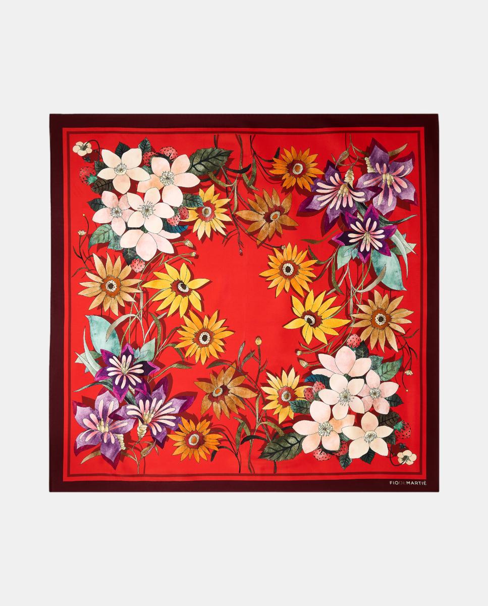 Imagen 0 de Pañuelo de seda carré 90x90cm estampado floral rojo Rojo