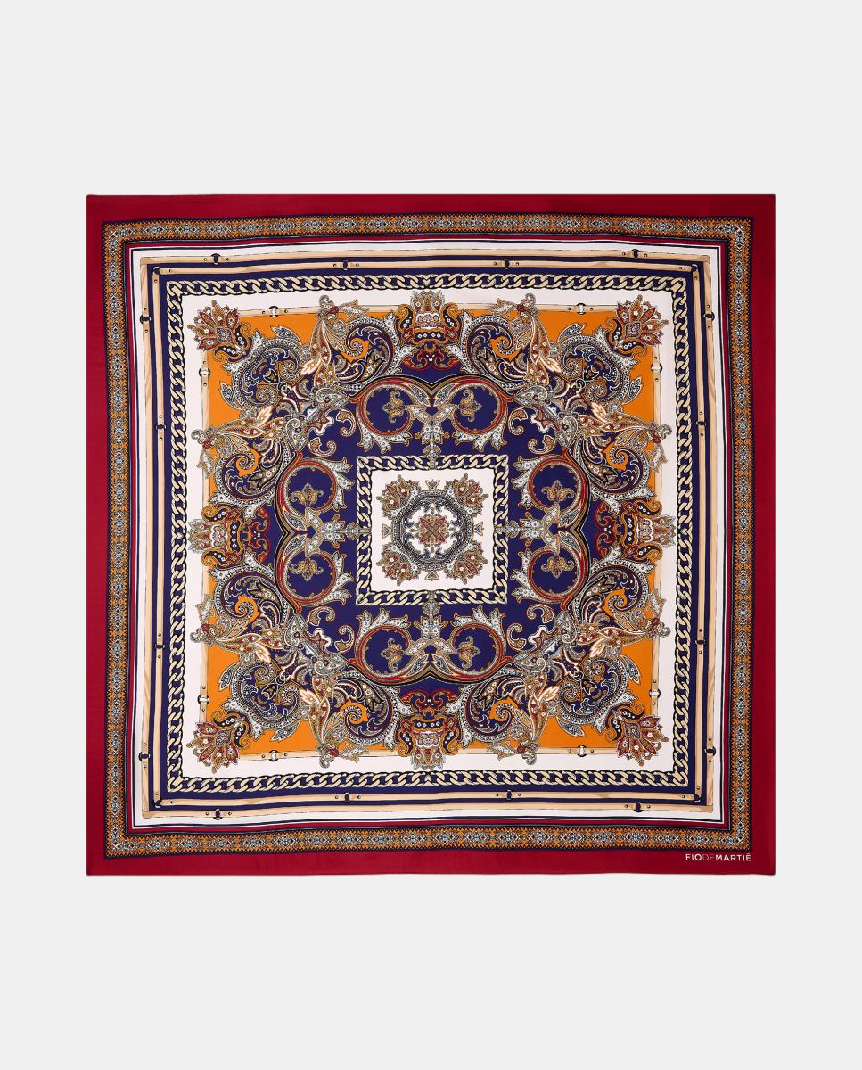 Imagen 0 de Pañuelo de seda carré 90x90cm estampado geométricos en tonos rojos y azul Granate