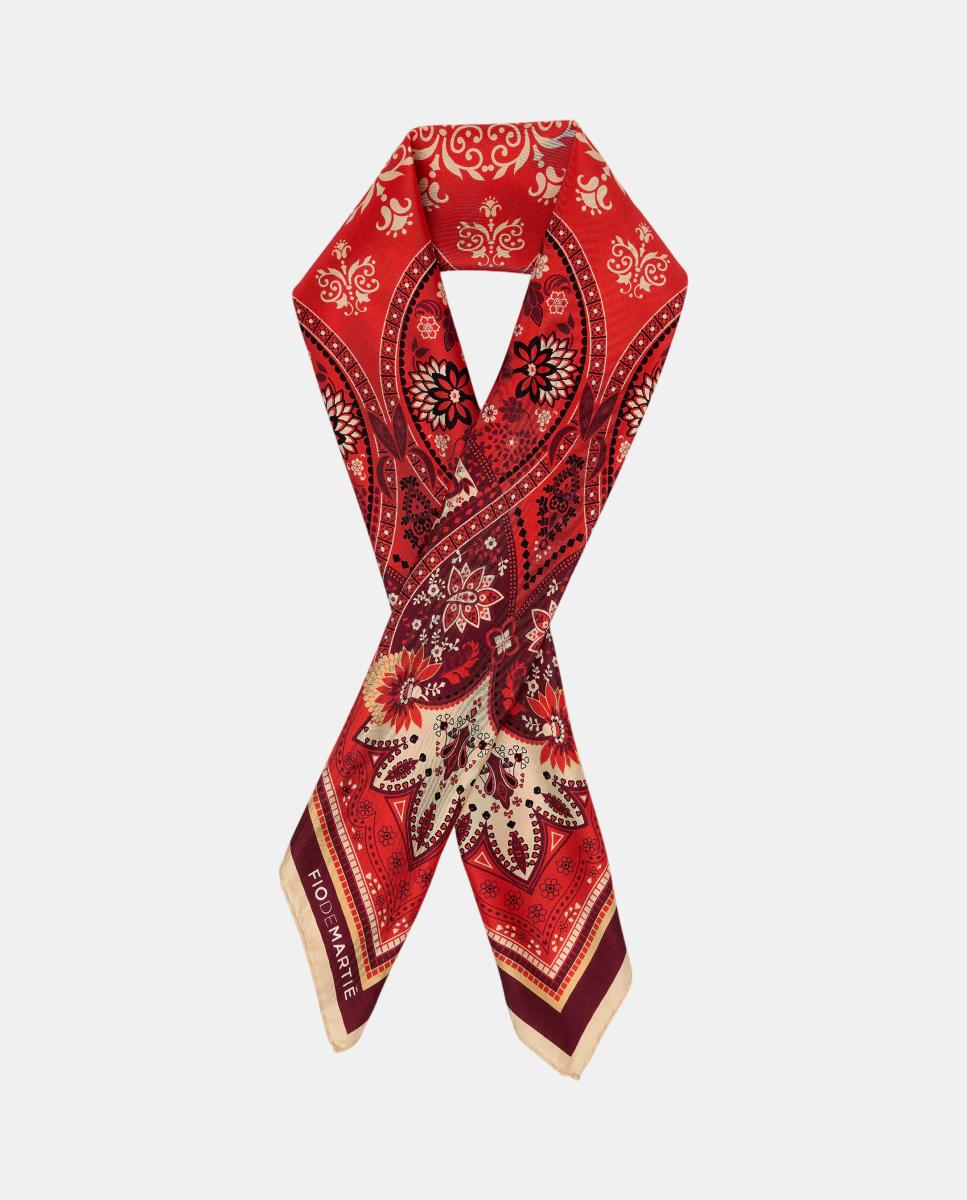 Pañuelo seda de flores en fondo claro y paspartú verde - Fio de Martié - Rojo Rojo-2