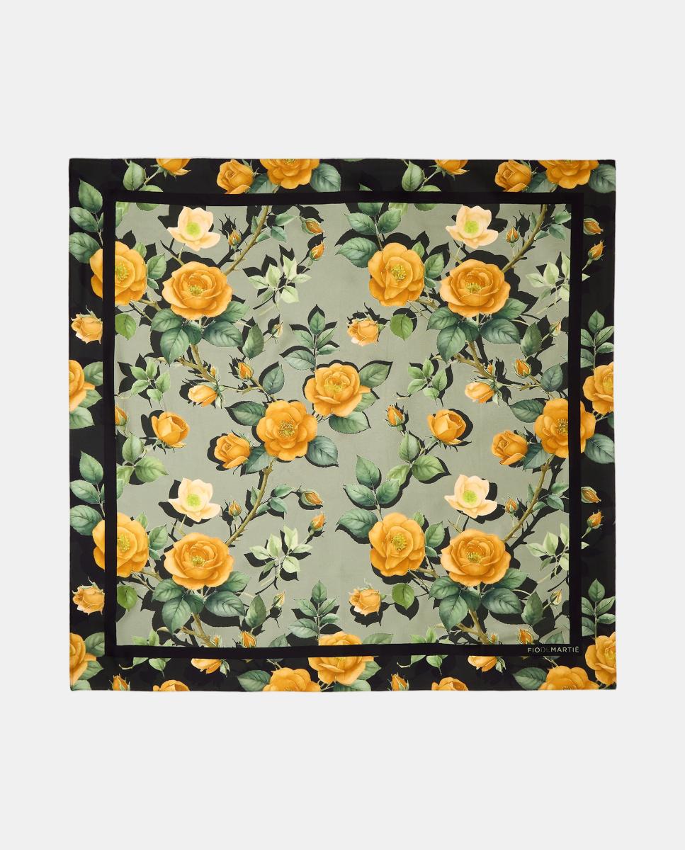 Imagen 0 de Pañuelo de seda carré 90x90cm estampado floral verde y amarillo Verde
