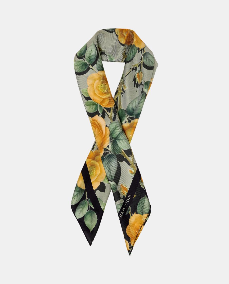 Pañuelo de seda carré 90x90cm estampado floral verde y amarillo - Fio de Martié - Verde Verde-2