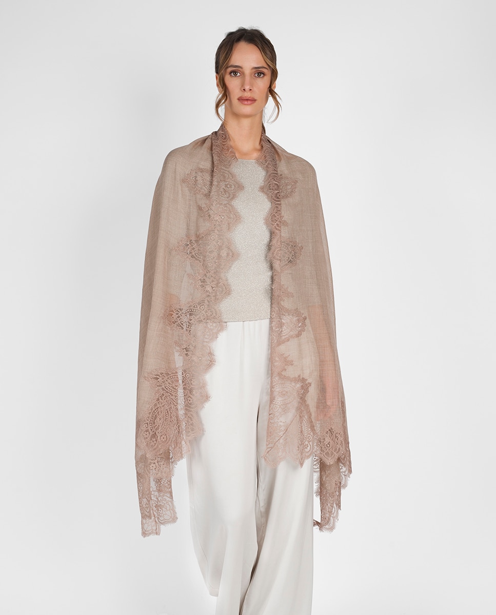 Estola en lana y seda con detalle encaje a tono de Gaynor Bongard - Beige Beige-2