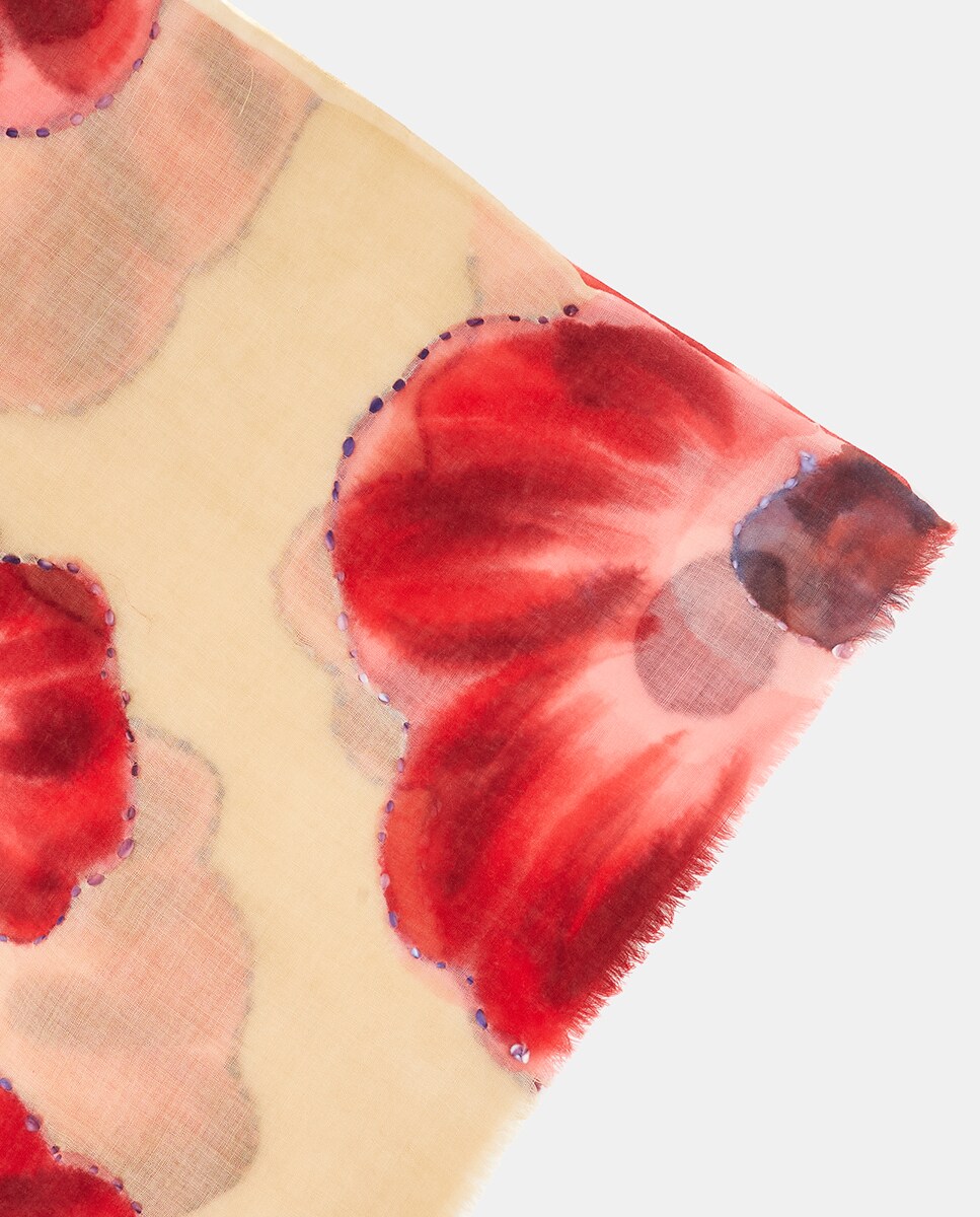 Lenço de Lã com Estampado Floral - Vermelho Vermelho-4