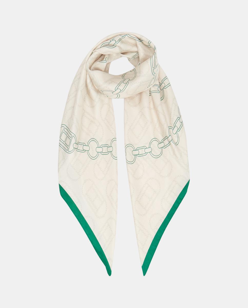 Lenço de Seda com Estampado - Creme/Verde Creme-1