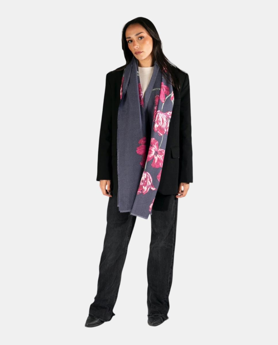 Écharpe Retangular de Poliéster Suave com Estampado Floral Grande Cinzento-3