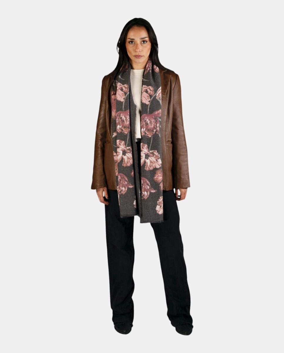 Écharpe Retangular de Poliéster Suave com Estampado Floral Grande Cinzento-escuro-3