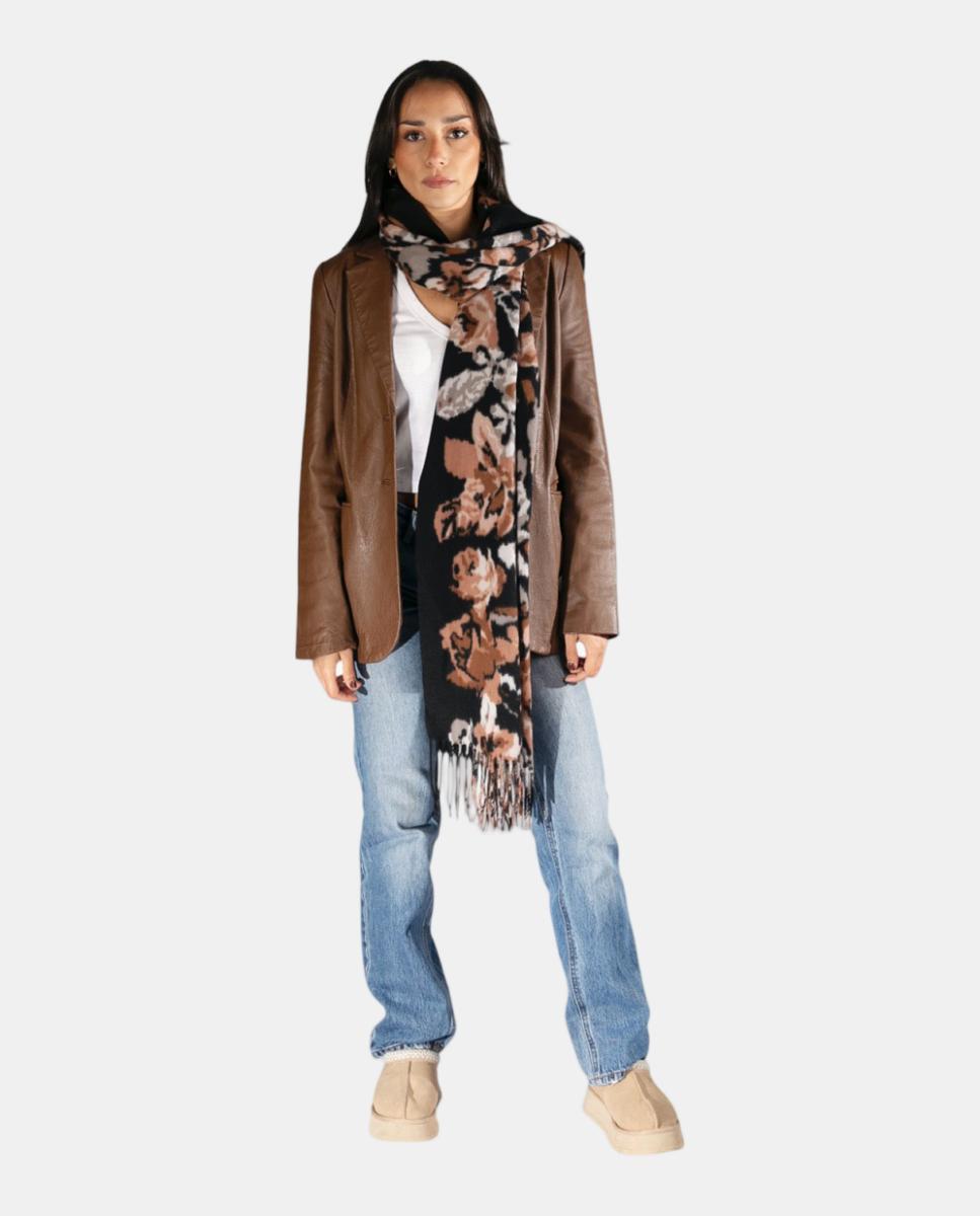 Écharpe Retangular de Poliéster Suave com Estampado Floral Grande Castanho-3
