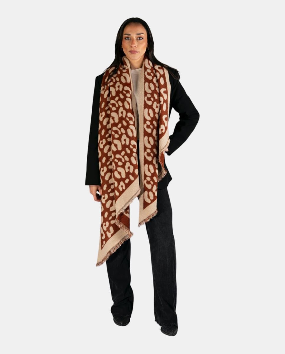 Écharpe Retangular de Jacquard com Animal Print Castanho-3