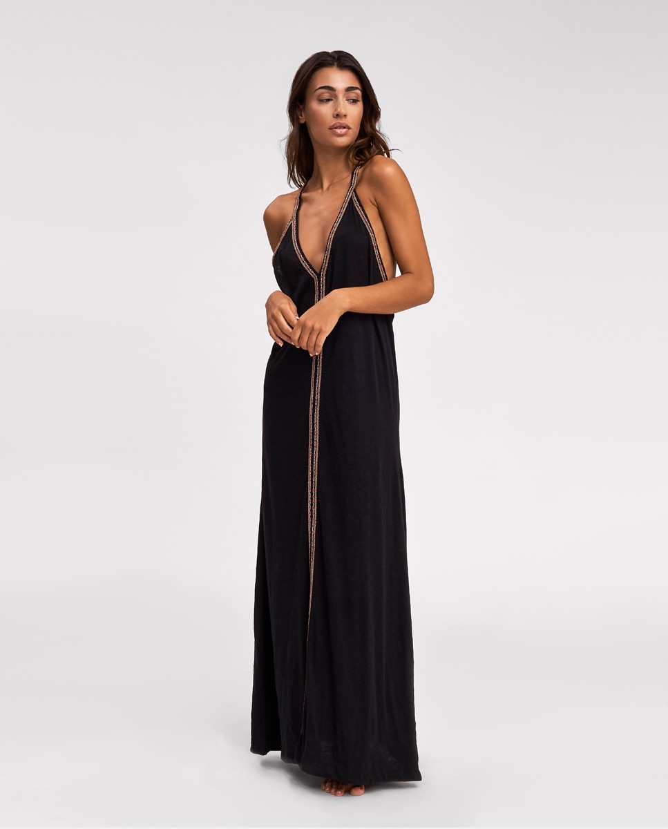 Kaftan Comprido Liso com Bordado - Branco Preto-1
