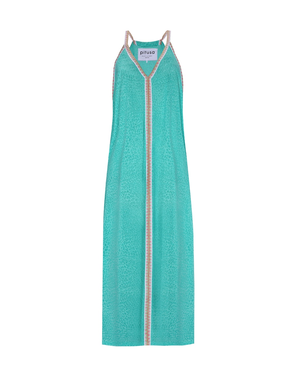 Kaftan Comprido de Alças com Animal Print Turquesa-3